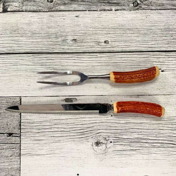 Vtg Cutron Canada 2 Piece Carving Set Faux Antler Handles Stainless Steel Retro - Picture 1 of 5